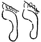 Щоб розрізнити сліди босих ніг, нарисуй лінію від кінчика великого до кінчика малого пальця і зазначи положення інших пальців